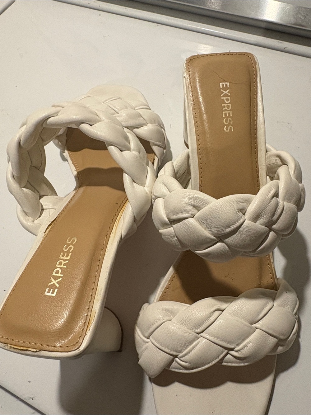 Express White Braided Double-Strap Block Heel Sandals